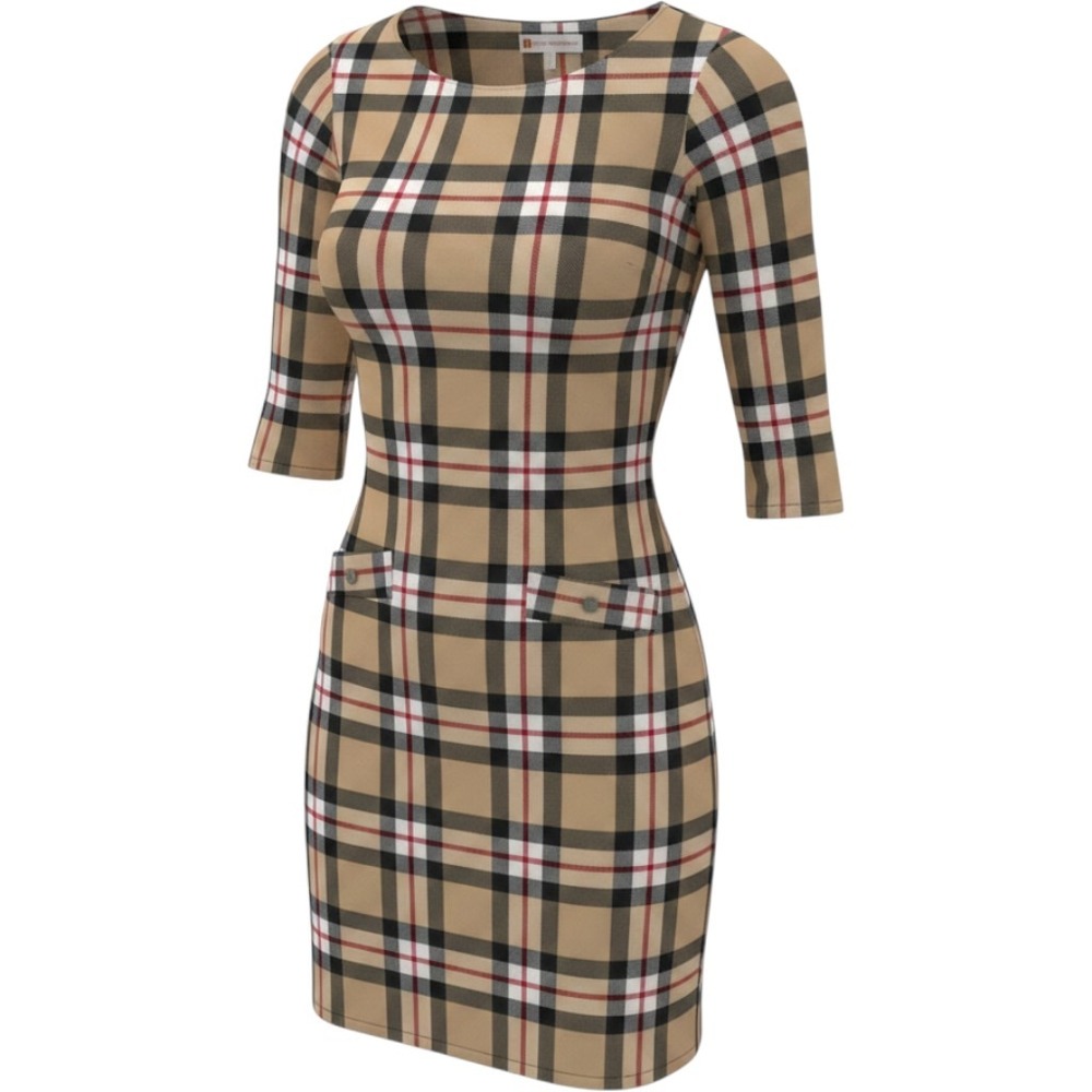 Jude Connally Plaid Shift Dress Womens XL Tan Black Red 3/4 Sleeve Academic Good